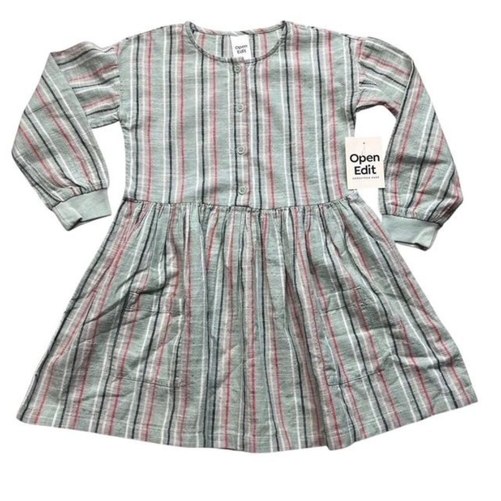 Open Edit Girls New Green Striped Long Sleeve Dress Size 4 Years